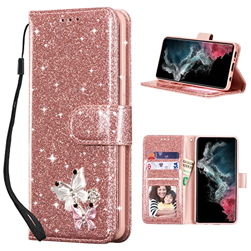 UEEBAI Klapphülle für Samsung Galaxy S22 Ultra 5G, PU Lederhülle Glitzer 3D Schmetterling Flip Cover Standfunktion Kartenfach Schutzhülle Diamant Glänzende Geldbörse Handschlaufe Etui - Roségold UEEBAI Klapphülle für Samsung Galaxy S22 Ultra 5G, PU Lederhülle Glitzer 3D Schmetterling Flip Cover Standfunktion Kartenfach Schutzhülle Diamant Glänzende Geldbörse Handschlaufe Etui - Roségold von UEEBAI
