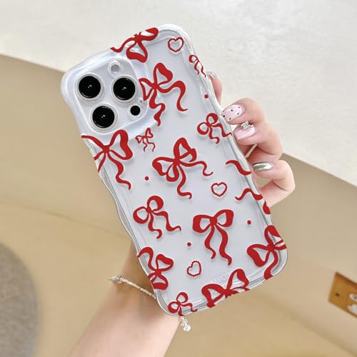 UEEBAI Kompatibel mit iPhone 15 Pro Max Hülle Tansparent Süßes Weinrot Schleife Handyhülle Dünne Bling Glitzer Bowknot Schutzhülle Stoßfeste Weiche TPU Bumper Cover für Frauen Mädchen, Weinrot von UEEBAI