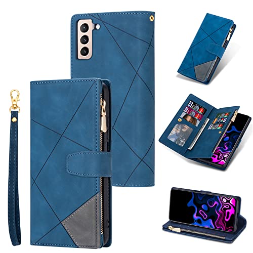 UEEBAI Wallet Case for Samsung Galaxy S21 Ultra 5G, Vintage Premium PU Leather Cover Flip Case with Card Slots Magnetic Closure Zipper Pocket Kickstand Handbag with Hand Strap - Diamond Blue von UEEBAI