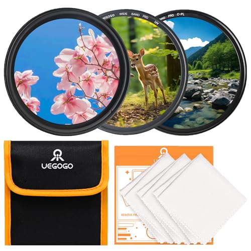 UEGOGO 62 mm UV/CPL/ND Objektivfilter-Set (3 Stück) - 18 mehrschichtige Beschichtungen, UV-Filter + Polarisationsfilter + Graufilter (ND8) + Reinigungstuch + Filtertasche für Kameraobjektiv (62 mm) von UEGOGO