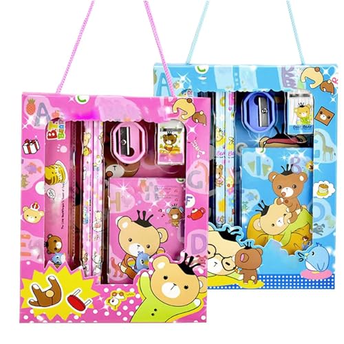 UEPOA Kinder Schreibwaren Set, 2 Stück Bärchen Schreibset Mädchen aesthetic blau und Rosa Schreibwarenetui 5 in 1 Cartoon Bleistifte Radiergummi Schüler-Set von UEPOA