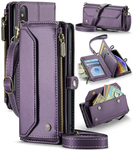 UFinetech Crossbody Wallet Case Hülle für iPhone X, für iPhone XS Hülle, RFID-Blockierung, Kabelloses Laden, Stoßschutz, Verstellbarer Gurt, Kartenfächer, PU-Leder, Integrierter Ständer, Violett von UFinetech