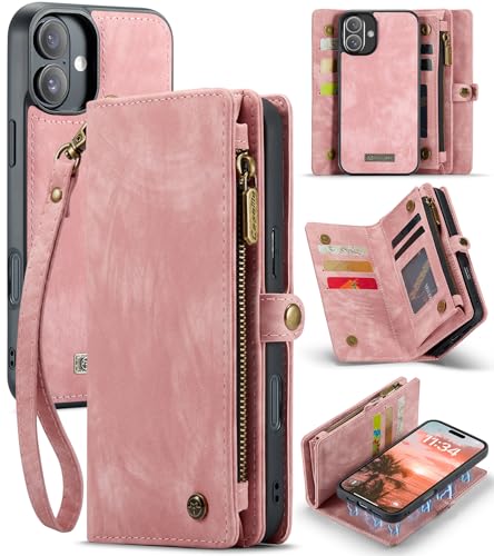 UFinetech für iPhone 16 Hülle, Flip Leder TPU Stoßfeste Kartenfach Tasche Handyhülle für iPhone 16, Magnetisch Klapphülle Kratzfest Abnehmbare Reißverschluss mit Band Weiche Schutzhülle Cover, Rosa von UFinetech