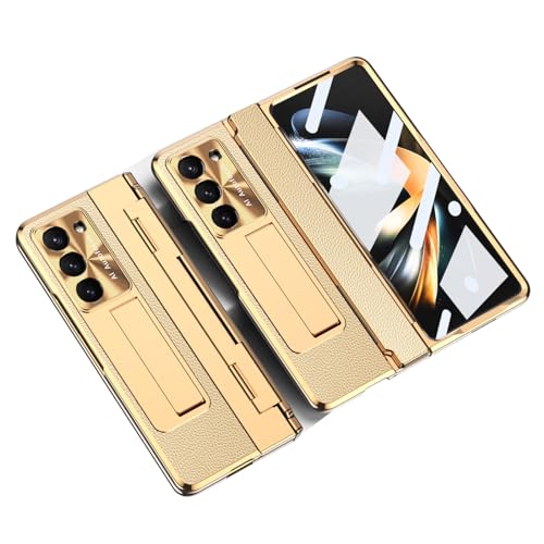 UGERRIT Lederhülle für Samsung Galaxy Z Fold 6, Rundumschutz, galvanisierte Hülle, gehärtetes Glas, versteckt, stoßfest, goldfarben von UGERRIT