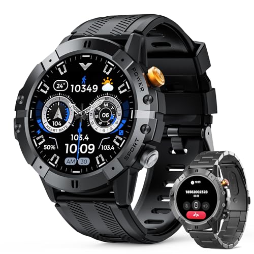 Militär Smartwatch Herren 1ATM Wasserdicht mit Telefonfunktion Anrufe Schrittzähler Blutdruckmessung 1,52 Zoll rundes HD Display Outdoor Uhren Fitness Tracker Fitness Uhr Sportuhr für Android IOS von UHOOFIT