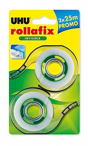 UHU Rollafix unsichtbares Klebeband, unsichtbar, transparent, lösemittelfrei, 2 Stück mit Nachfüllpackung, 25 m x 19 mm von UHU