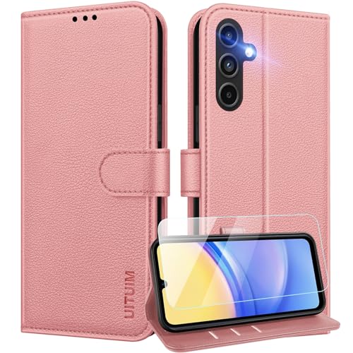 UITUIM Handyhülle für Samsung Galaxy A15 4G/5G Klapphülle Leder Hülle mit Panzerglas Schutzfolie Flip Case Cover Klappbar Tasche Kartenfach Schutzhülle Handytasche für Samsung Galaxy A15 4G/5G,Rosa von UITUIM