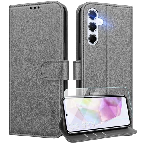 UITUIM Handyhülle für Samsung Galaxy A35 5G Klapphülle Leder Hülle mit Panzerglas Schutzfolie Flip Case Cover Klappbar Tasche Kartenfach Etui Schutzhülle Handytasche für Samsung Galaxy A35 5G,Grau von UITUIM