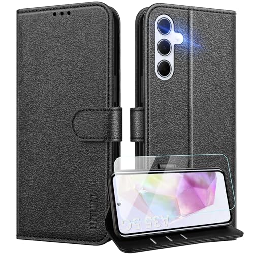 UITUIM Handyhülle für Samsung Galaxy A35 5G Klapphülle Leder Hülle mit Panzerglas Schutzfolie Flip Case Cover Klappbar Tasche Kartenfach Schutzhülle Handytasche für Samsung Galaxy A35 5G,Schwarz von UITUIM