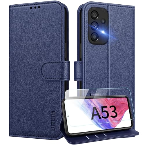 UITUIM Handyhülle für Samsung Galaxy A53 5G Klapphülle Leder Hülle mit Panzerglas Schutzfolie Flip Case Cover Klappbar Tasche Kartenfach Etui Schutzhülle Handytasche für Samsung Galaxy A53 5G,Blau von UITUIM