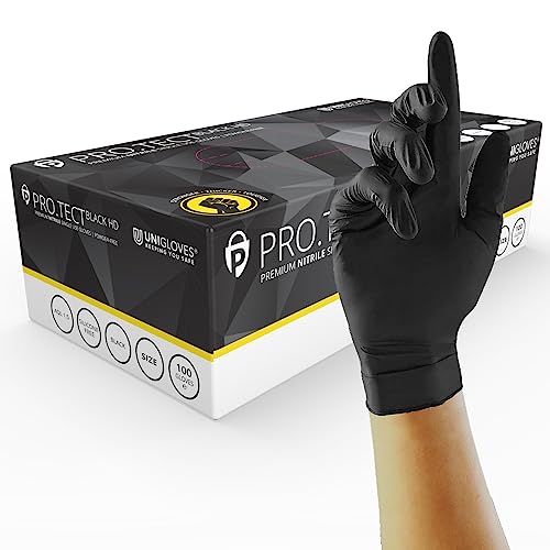 UNIGLOVES PRO.TECT Schwarze HD-Nitril-Einweghandschuhe – Ultra strapazierfähig, Einmalgebrauch, multifunktional, puderfrei, Box mit 100 Handschuhen, Größe S (GA0062) von UNIGLOVES