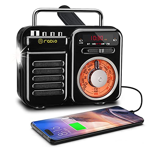 UNIQUEBELLA Retro Radio mit Bluetooth-Lautsprecher, Tragbarer AM/FM Handkurbel Solar Radios, Notfall-Radio mit LED-Taschenlampe, SOS-Alarm, Wecker, Nostalgie USB-Player, 2000mAh für Zuhause Freizeit von UNIQUEBELLA