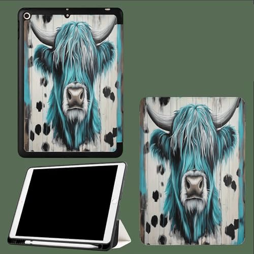 Blaue Tiere Hülle für iPad 9,7 Zoll (Modell 2018/2017, 6./5. Generation), Intelligent Schutzhülle mit Auto Schlafen/Wachen,Schutzhülle Case Smart Cover für iPad 6 / iPad 5 Hochlandrinder von UOMSKTY