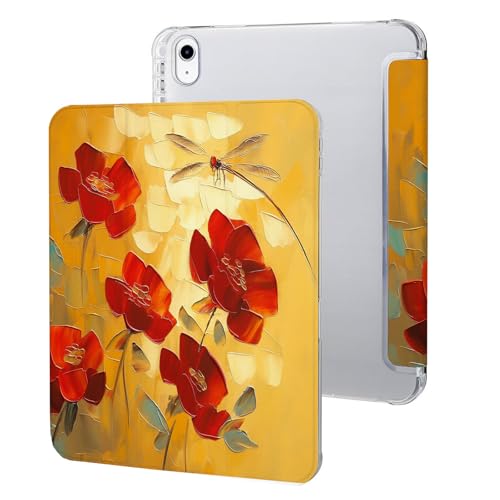 Hülle Für Ipad 10.Generation Mit Stifthalter 10,9 Zoll 2022,Pu Leder Weiche TPU Rückseite Case Cover Mit Auto Schlafen/Wachen Libelle Mit Roten Blütenblättern von UOMSKTY