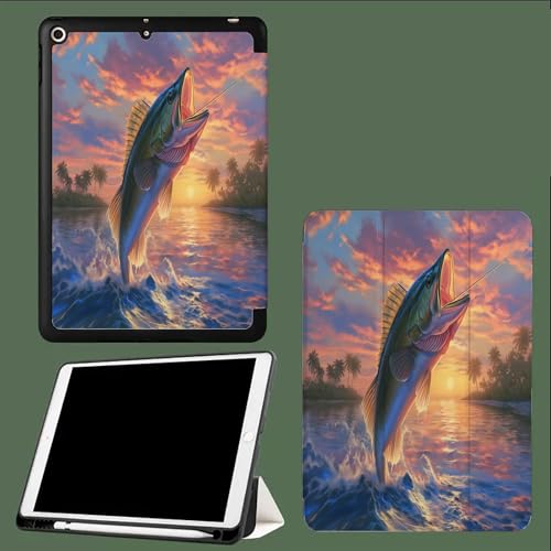 Sonnenuntergang Tiere Hülle für iPad 10,2 Zoll 9./8./7. Gen,PU Leder Tasche Schutzhülle mit Stifthalter, Dünne Tablet Schutzhülle mit Weicher TPU Rückseite, Auto Wachen/Schlafen Großer Fisch von UOMSKTY