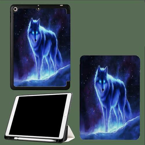 Sternenhimmel Hülle für iPad Pro 11 2024 (M4 5. Generation) mit Stifthalter, Flexible TPU Rückseite Schutzhülle Case mit 11 Zoll iPad Pro 2024,Auto Schlafen/Wachen Blauer Wolf Tier von UOMSKTY