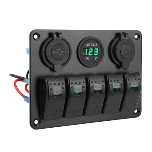 5-Gang-Wippschalterfeld, Schaltfeld DC 12 Bis 24 V, 5-Gang-Wippschalterfeld aus Aluminiumlegierung, IP65, Vorverdrahtet, mit Dual-USB-Zigarettenanzünder-Buchse, Voltmeter (GREEN) von UPALDHOU