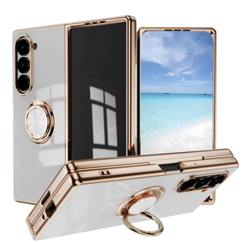 UPLAI Stilvoll Hülle für Samsung Galaxy Z Fold6, Slim Stoßfest Galvanik-Design Handyhülle Case mit Ringhalter, Sanft TPU Silikon Bumper Schutzhülle Cover.Weiß von UPLAI