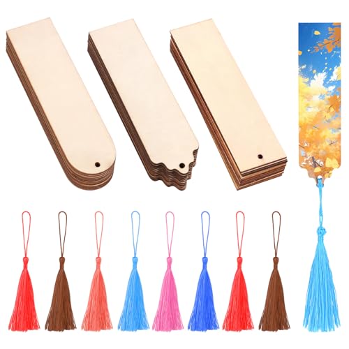 36PCS Blanko Holz Lesezeichen,Holzlesezeichen Rechteck Leere Lesezeichen,Unfertiges Holz Lesezeichen,Holz Lesezeichen Basteln,mit 6 Farben Quasten,für DIY-Basteleien Geschenkanhänger Urlaubsgeschenke von UWOBEFO