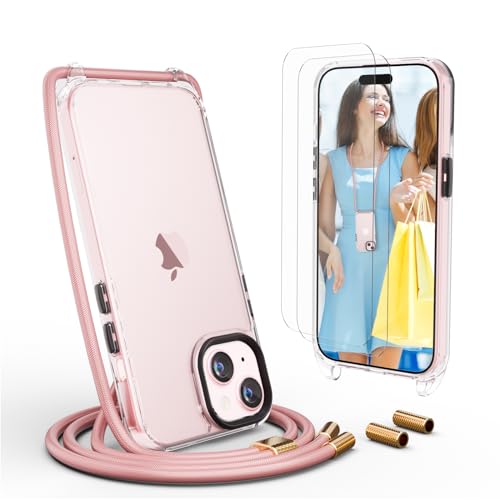 UYMO Handykette Hülle mit Band Für iPhone 15 6.1" -| mit 2 Stück Schutzfolie |, Necklace Transparent Handyhülle Case mit Strap Schnur Abnehmbar, Schutzhülle zum Umhängen Kordel, Roségold von UYMO