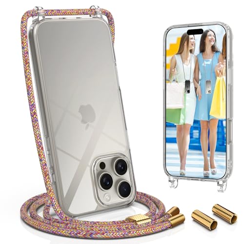 UYMO Handykette Hülle mit Band Für iPhone 16 Pro, Necklace Transparent Handyhülle Case mit Schnur Abnehmbar, Schutzhülle zum Umhängen Kordel, Regenbogen von UYMO