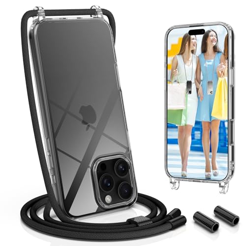 UYMO Handykette Hülle mit Band Für iPhone 16 Pro Max, Necklace Transparent Handyhülle Case mit Schnur Abnehmbar, Schutzhülle zum Umhängen Kordel, Schwarz von UYMO