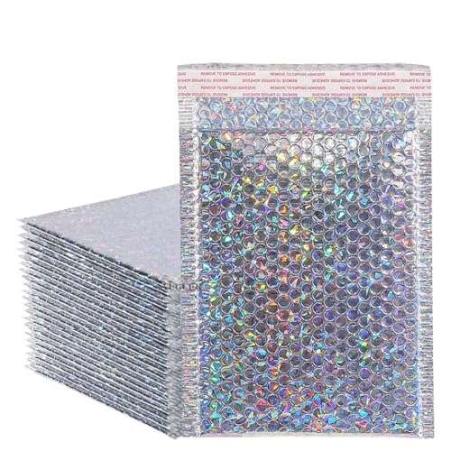 Gepolsterte Umschläge, 50 Stück holografischer Versandumschlag, silberfarben, Kuriertasche, gepolsterte Luftpolsterumschläge, Verpackungsbeutel for den Versand(20x28cm 50pcs) von UZAMIRLEX