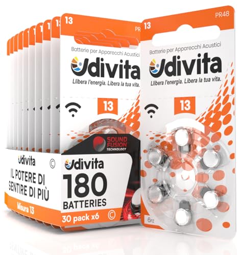 180 Batterien für Ohr-Hörgeräte Udivita Größe 13. - 30 Blister mit 6 Batterien von Udivita