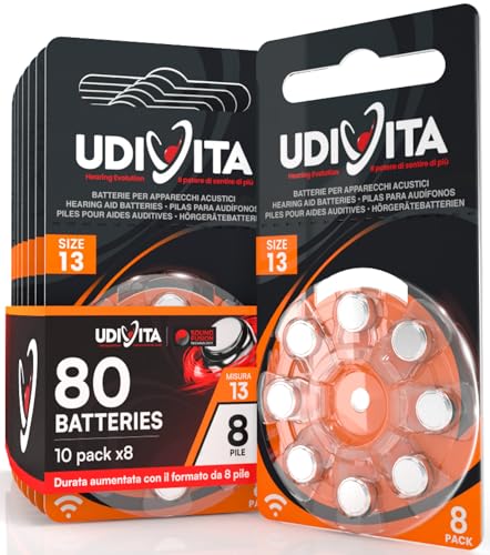 80 Batterien für Hörgeräte Udivita Größe 13 (Orange) PR48 Zink-Luft mit Sound Fusion-Technologie – 10 Blister mit 8 Batterien von Udivita