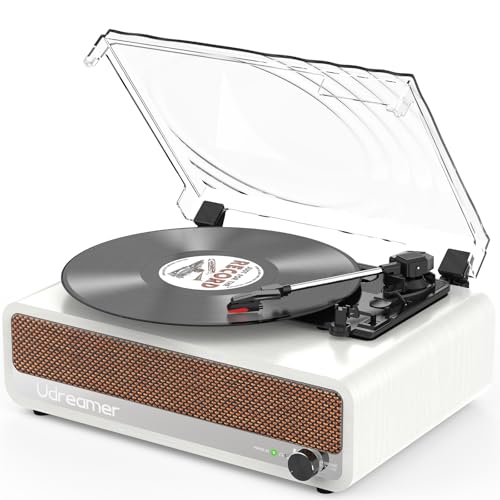 Udreamer Plattenspieler mit Lautsprecher Bluetooth Plattenspieler Vintage Vinyl Player Unterstützt USB AUX-Eingang Kopfhörer RCA Line-Out 3 Geschwindigkeiten Riemenantrieb Spiegeldesign Weiß von Udreamer