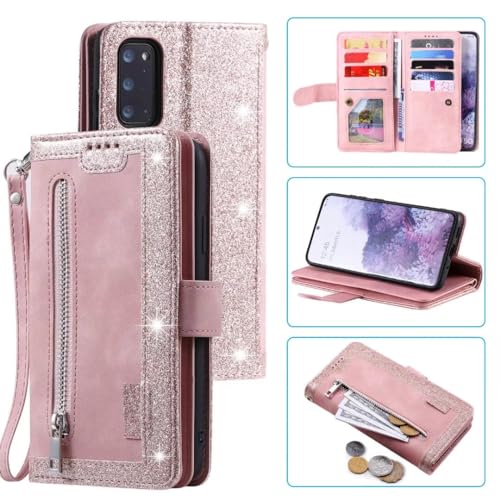 Lederhülle für Samsung Galaxy S25 Plus Hülle Flip Case Reißverschluss Handyhülle PU Leder Handytasche Silikon Bumper mit 9 Kartenfächer Standfunktion Geldbörse Trageband Schutzhülle Handy Hüllen Rosa von Ufgoszvp