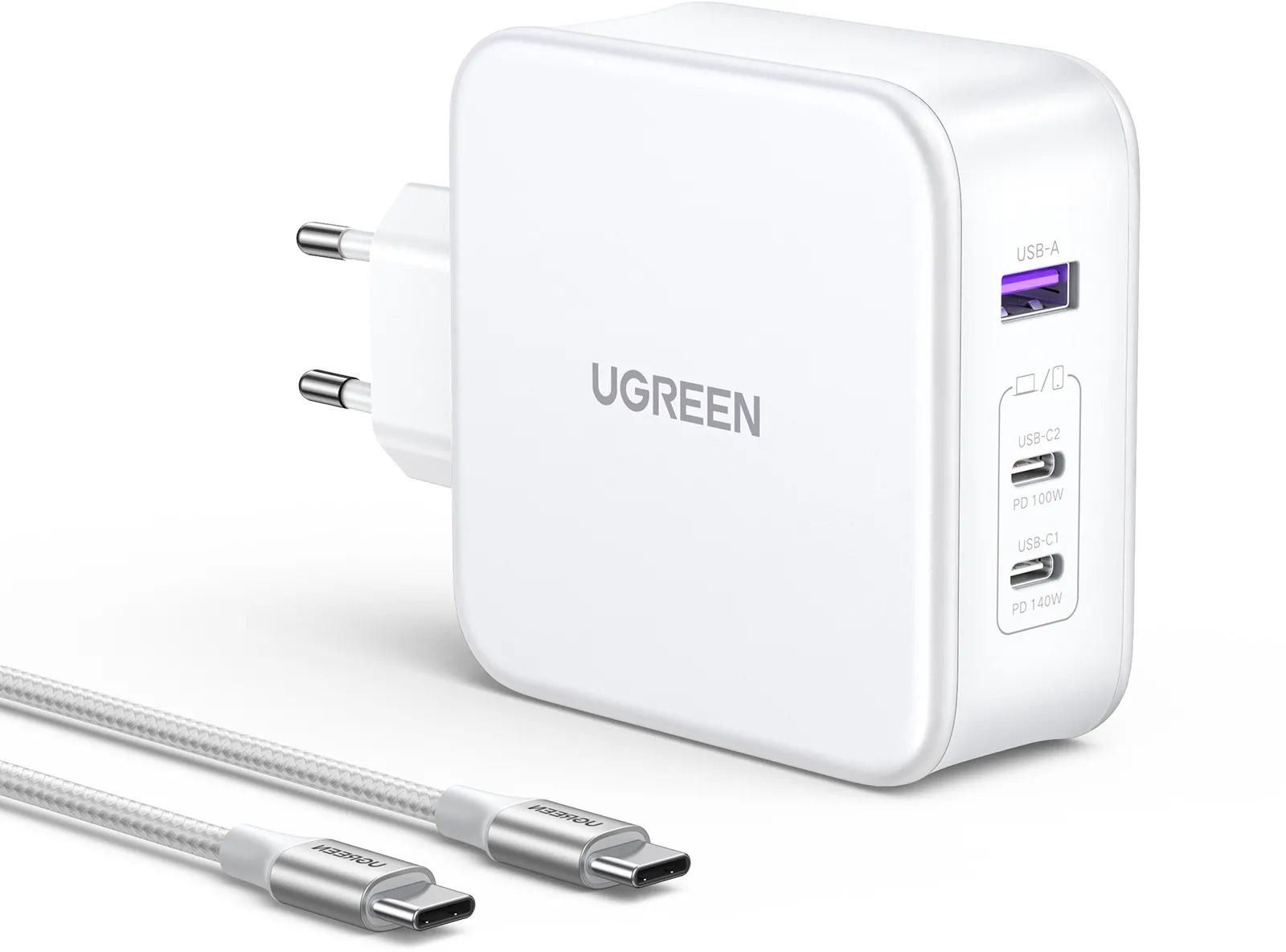 UGREEN Nexode USB-A+2*USB-C 140W GaN Tech. & USB-C Kabel 2m, weiß von Ugreen