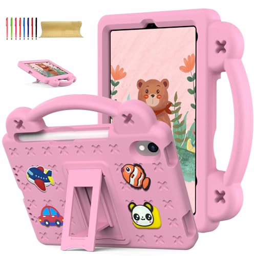 Kinder-Schutzhülle für iPad Mini 7 2024 (A17 Pro) & Mini 6 2021 (A2567, A2568, A2569), niedliches Kawaii-Design, 3D-Cartoon-Griff und Ständer, weiches Silikon, stoßfest, leicht, robust, Rosa von Uliking