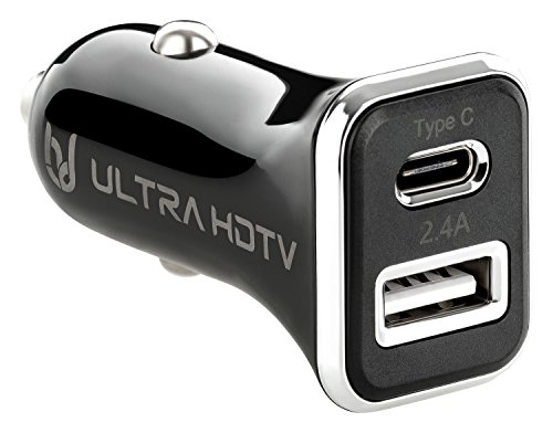 Ultra HDTV Zigarettenanzünder USB Auto-Ladegerät, USB-C & USB-A, 12-24V, 2.4A, schneller Lade-Adapter für Smartphones, schwarz von Ultra HDTV