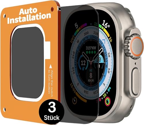 Uluck 3 Stück Panzerglas-Sichtschutz für Apple Watch Ultra/Ultra 2 49mm, 3 Stück 9H Tempered Glass Screen Protector mit 3 Stück Auto-Ausrichtungskit für iWatch von Uluck