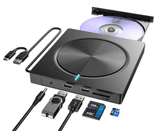 Externes CD DVD Laufwerk USB 3.0 Typ-C, DVD Laufwerk Extern mit SD/TF-Kartenleser und 2 USB-A Anschluss, Portable RW DVD Brenner Extern für Laptop, Desktop, MacBook, iMac, Win 11/10/8/7/XP/Linux/MacOS von Umaniy