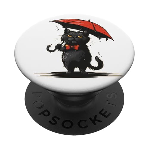 Lustige schwarze Katze mit Fliege und Regenschirm Kostüm PopSockets mit austauschbarem PopGrip von Umbrella Cat Outfit