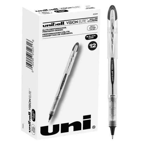 Uniball Vision Elite Tintenroller, schwarze Stifte, 12 Stück, fette Stifte mit 0,8 mm Tinte, schwarze Tinte, Stifte mit feiner Spitze, glattes Schreiben, Großstifte und Bürobedarf von Uni-Ball