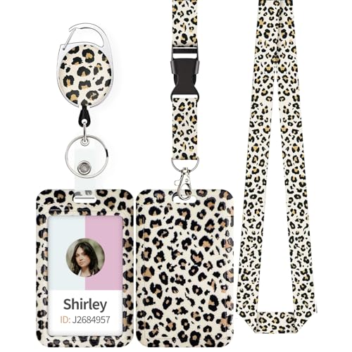 Uniclife Modische Sliding Ausweishülle Leopard Print Kunststoff Kartenhalter mit Einziehbaren Badge Reel Karabiner abnehmbare Lanyard Karte Schutz für Büroangestellte Krankenschwester Lehrer Student von Uniclife