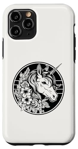 Hülle für iPhone 11 Pro Einhorn in Schwarz & Weiß Hibiskus Rosen Champion Kranz von Unicorn Fantasy Creatures by LEA