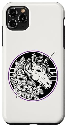 Hülle für iPhone 11 Pro Max Einhorn in Schwarz Weiß Lila Hibiskus Rosen Champion Kranz von Unicorn Fantasy Creatures by LEA