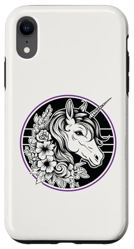 Hülle für iPhone XR Einhorn in Schwarz Weiß Lila Hibiskus Rosen Champion Kranz von Unicorn Fantasy Creatures by LEA