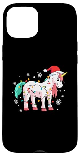 Hülle für iPhone 15 Plus Einhorn mit Weihnachtsmannmütze, Schneeflocken, Weihnachtsbeleuchtung von Unicorn Santa Claus Christmas Apparel