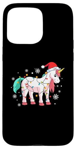 Hülle für iPhone 15 Pro Max Einhorn mit Weihnachtsmannmütze, Schneeflocken, Weihnachtsbeleuchtung von Unicorn Santa Claus Christmas Apparel