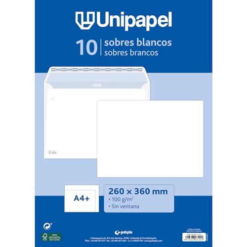 Unipapel Packung mit 15 großen Umschlägen, Papier 90 g, Weiß, perfekt für Dokumente A4+ oder Folio-Format, Maße: 260 x 360 mm, selbstklebend, Silikon, Autodesk, leicht zu öffnen, FSC von Unipapel