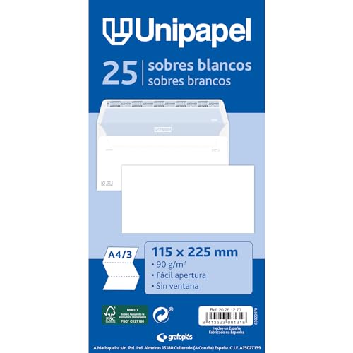 Unipapel Packung mit 25 Umschlägen, Papier, 90 g, weiß, 115 x 225 mm, gerader Verschluss mit selbstklebendem Silikonband, Autodesk, einfaches Öffnen, FSC-zertifiziert, perfekt für Briefe A4, gefaltet von Unipapel