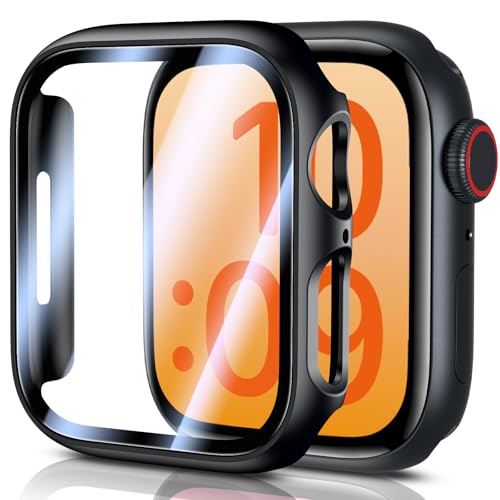 UniqueMe Hart-PC-Schutzhülle für Apple Watch Serie 9/8/7 (2024), 41 mm, mit Displayschutzfolie aus gehärtetem Glas, berührungsempfindlich, HD, klar, stoßfest, Kratzfest, für iWatch 41 mm, Schwarz, 2 von UniqueMe