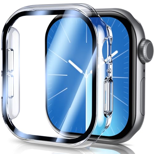 UniqueMe Transparente Harte PC-Hülle, kompatibel mit Apple Watch Serie 10 (2024), 42 mm, mit Displayschutzfolie aus gehärtetem Glas, berührungsempfindlich, HD-Klarheit, ultradünne Gesamtschutzhülle von UniqueMe