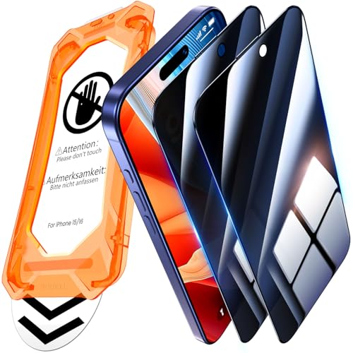 UniqueMe für iPhone 15/16 für Panzerglas Sichtschutz - [Full Screen Displayschutz] Schutzfolie Sichtschutzfür iPhone 15/16 Schutzglas,Auto Installation,2 Stück von UniqueMe