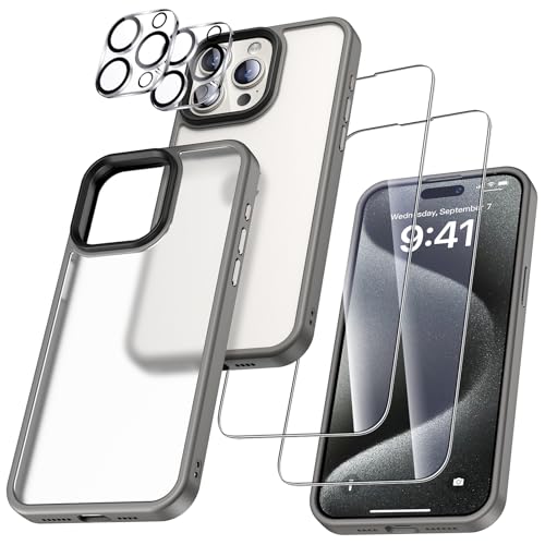 UniqueMe für iPhone 15 Pro Hülle, 5-in-1-Set Handyhülle für iPhone 15 Pro Case Rundumschutz Schutzhülle Cover,1 Handyhülle & 2 Schutzfolie & 2 Kameraschutz - Matt Grau von UniqueMe